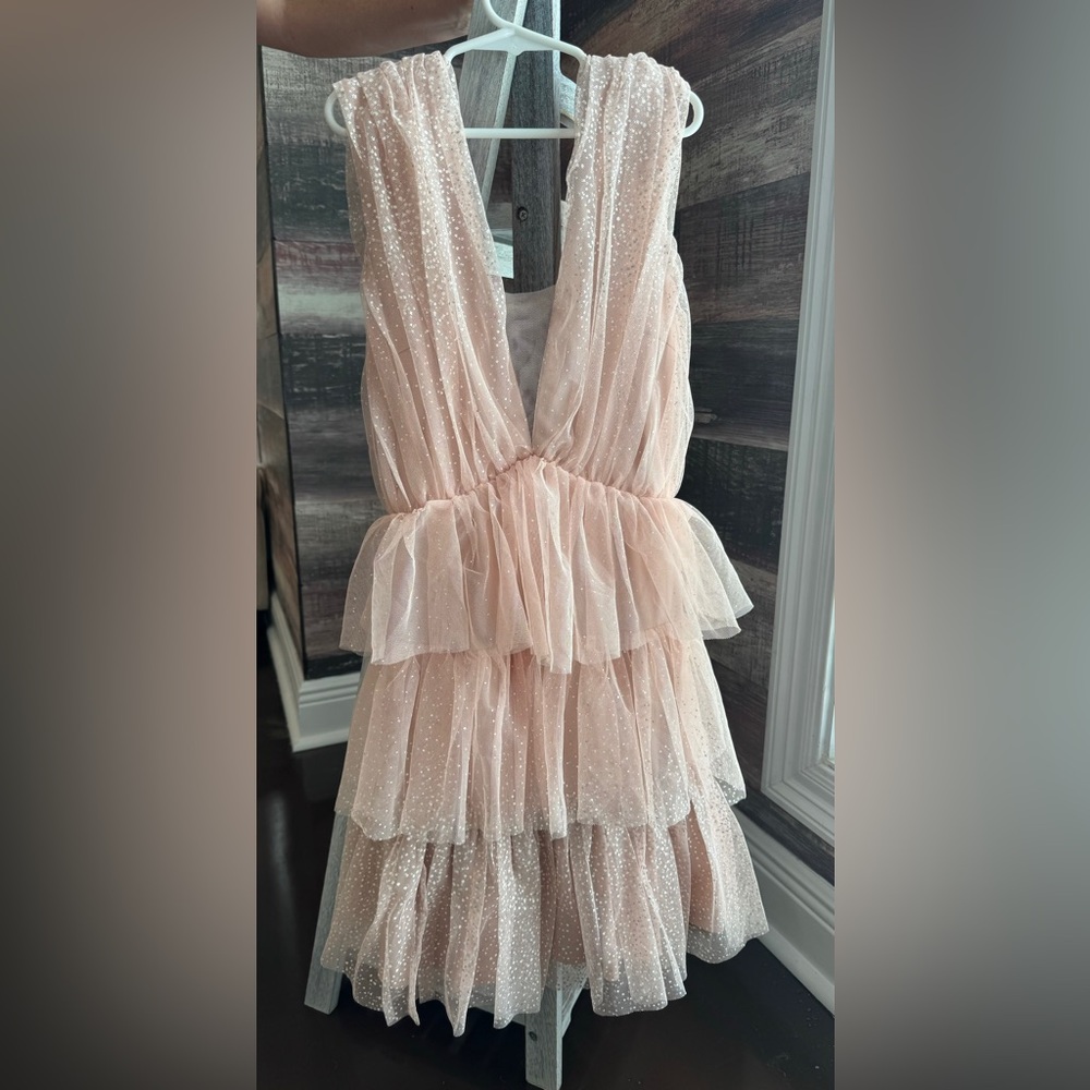 Pink tulle material dress with silver sparkle. New with tags